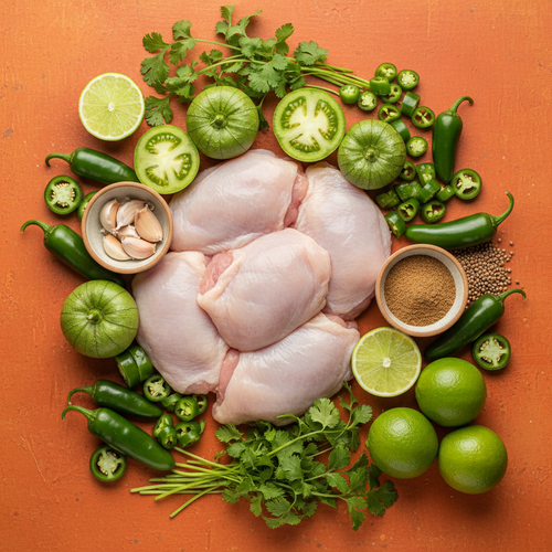 Chicken Chilli Verde ingredients flat-lay on warm orange background