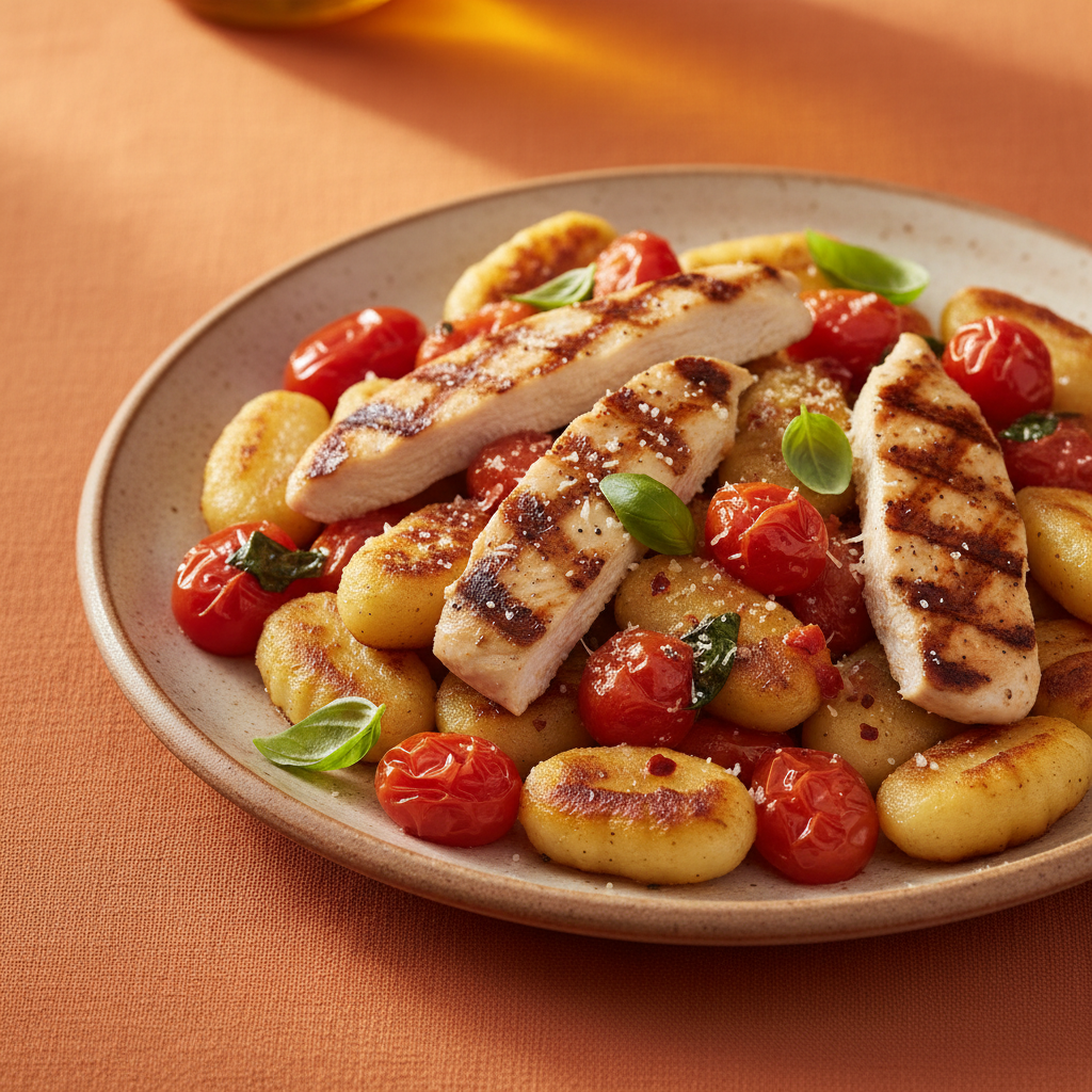 Grilled Chicken and Gnocchi 45-degree angle shot on warm orange background