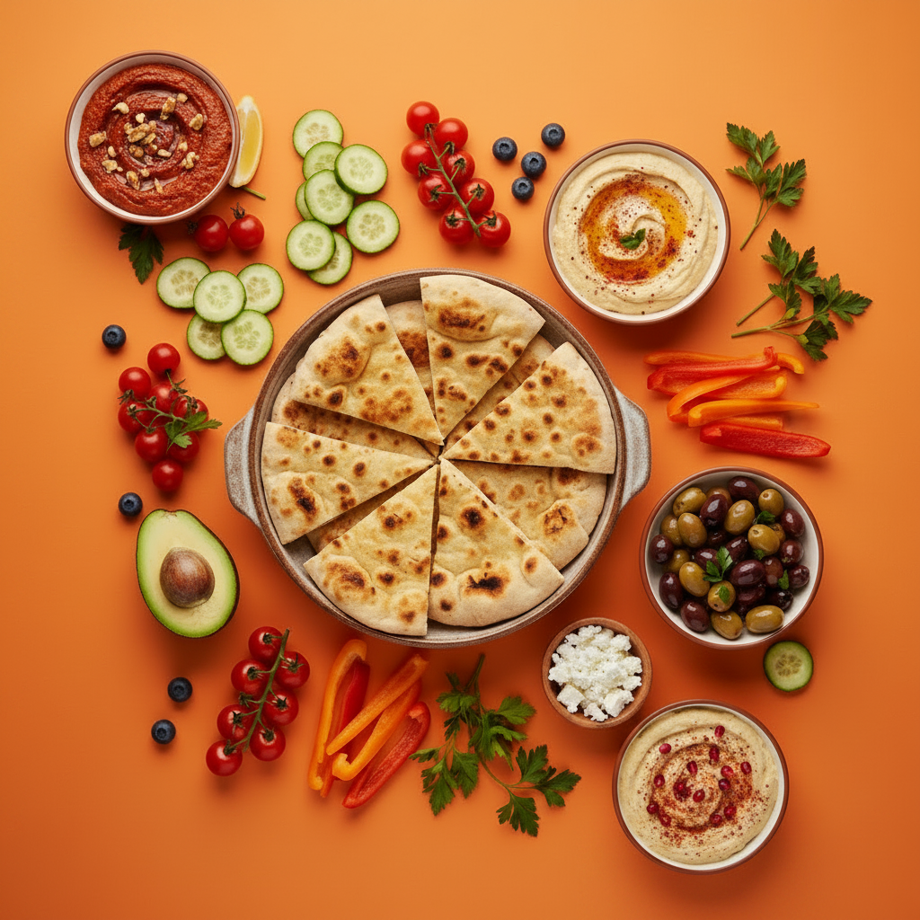 Mezze platter with pitta bread, muhammara and baba ganoush on a warm orange background