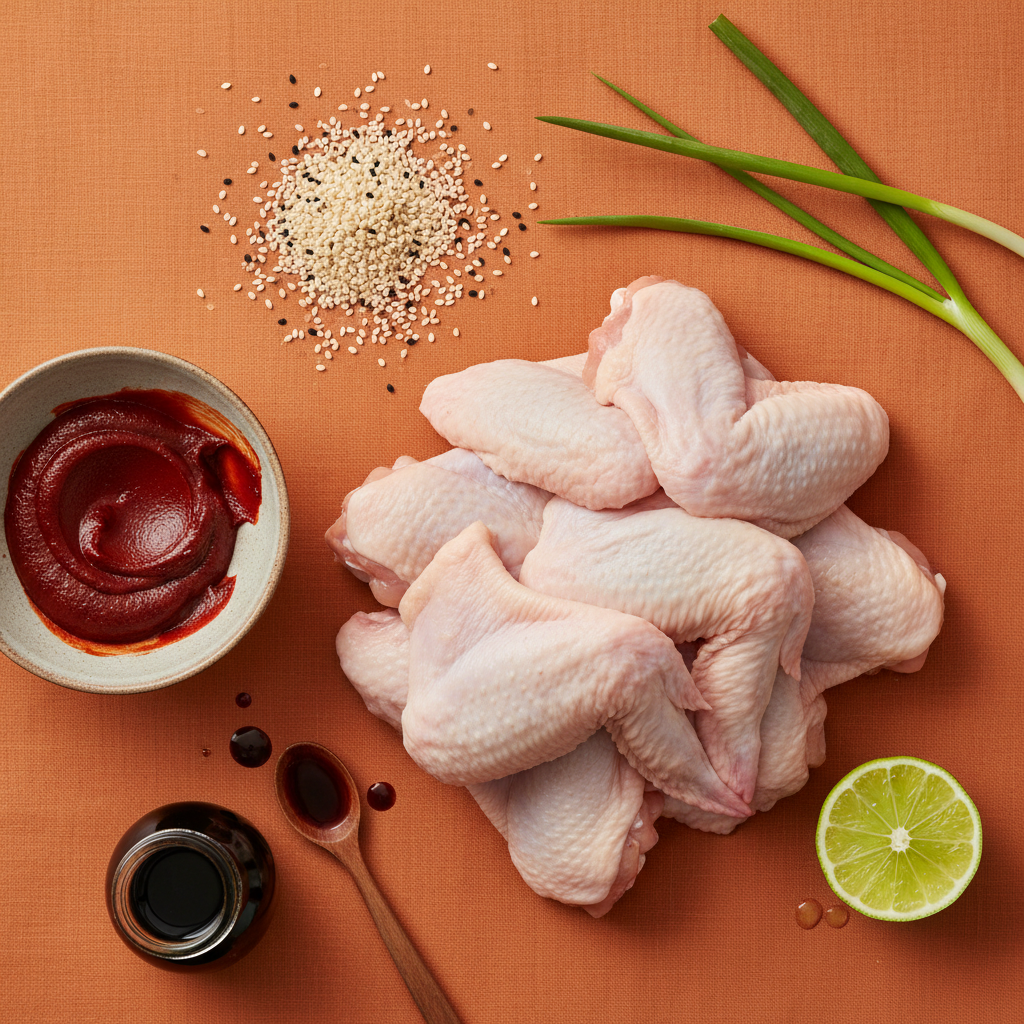 Gochujang Chicken Wings ingredients flat-lay on warm orange background