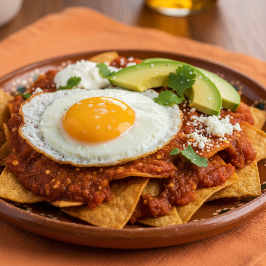 Chilaquiles 45-degree angle shot on warm orange background