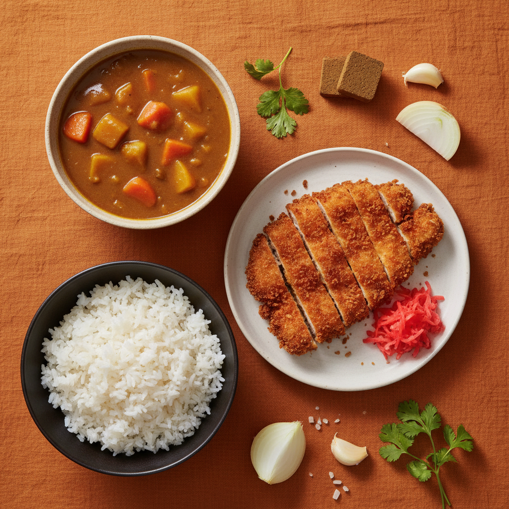 Katsu Chicken Curry ingredients flat-lay on warm orange background