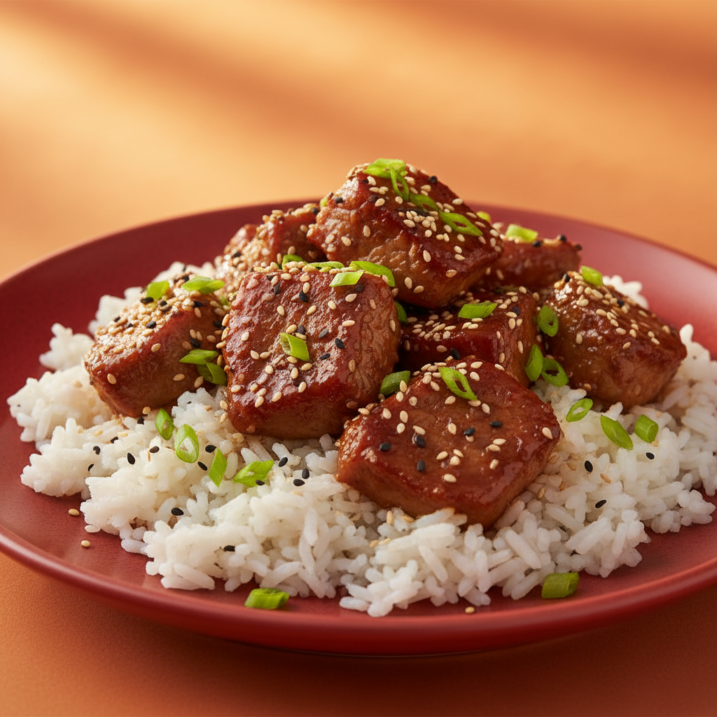 Gochujang Lamb 45-degree angle shot on warm orange background