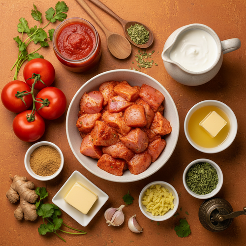 Butter Chicken ingredients flat-lay on warm orange background