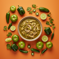 Chicken chilli verde centrepiece surrounded by tomatillos, chillies, coriander and lime on a warm orange background