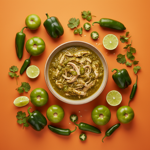 Chicken chilli verde centrepiece surrounded by tomatillos, chillies, coriander and lime on a warm orange background