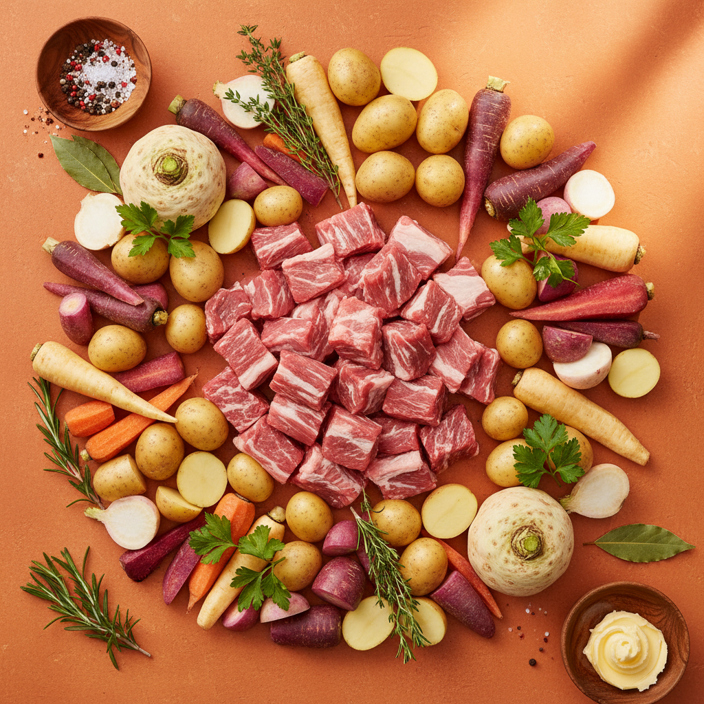 Lamb Hotpot ingredients flat-lay on warm orange background