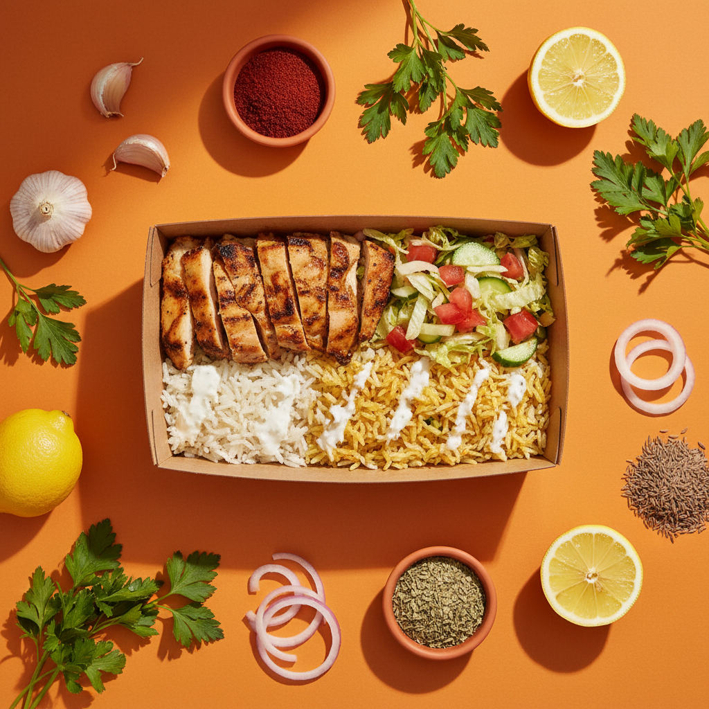 Shawarma box centrepiece surrounded by garlic, parsley, sumac, lemon, cumin and red onion on a warm orange background