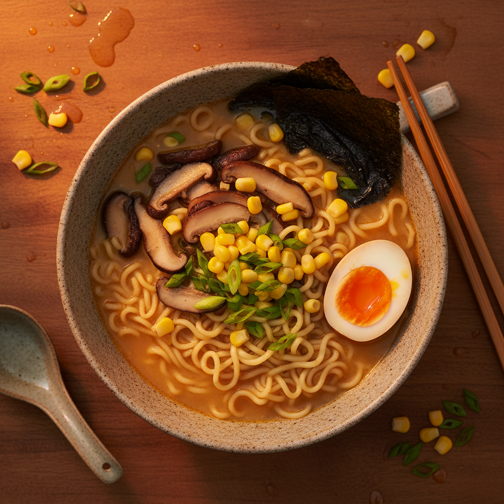 Veg Ramen Bowl flat-lay on warm orange background