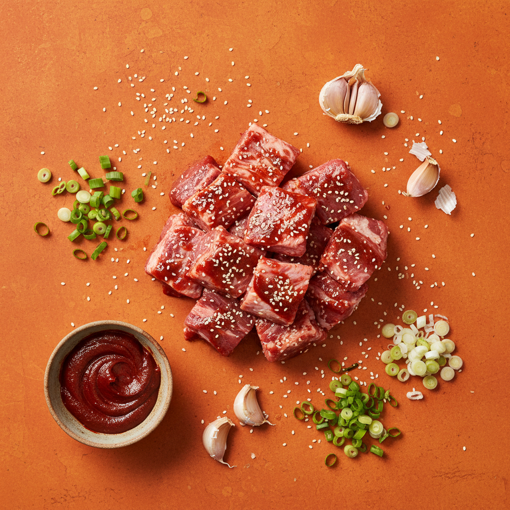 Gochujang Lamb ingredients flat-lay on warm orange background