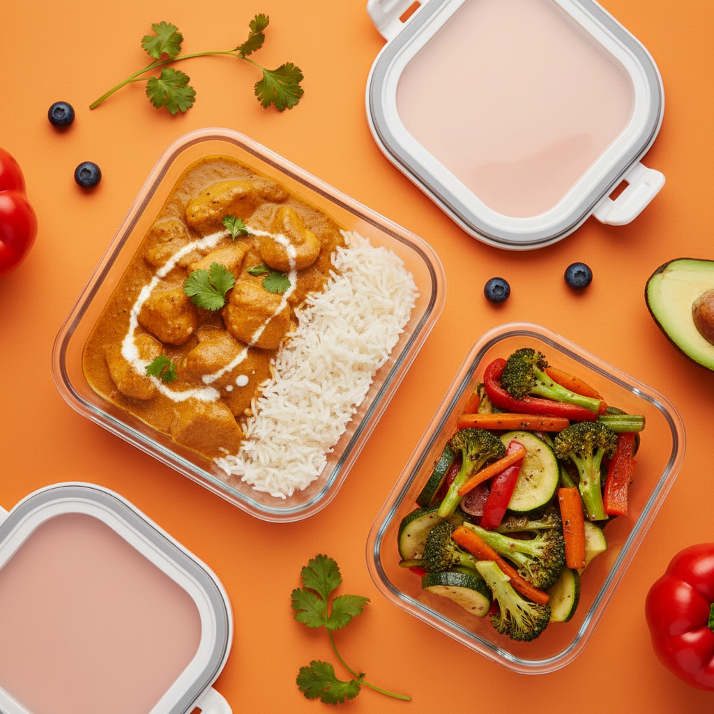 Butter chicken in creamy tomato sauce with basmati rice and mixed roasted vegetables on a warm orange background